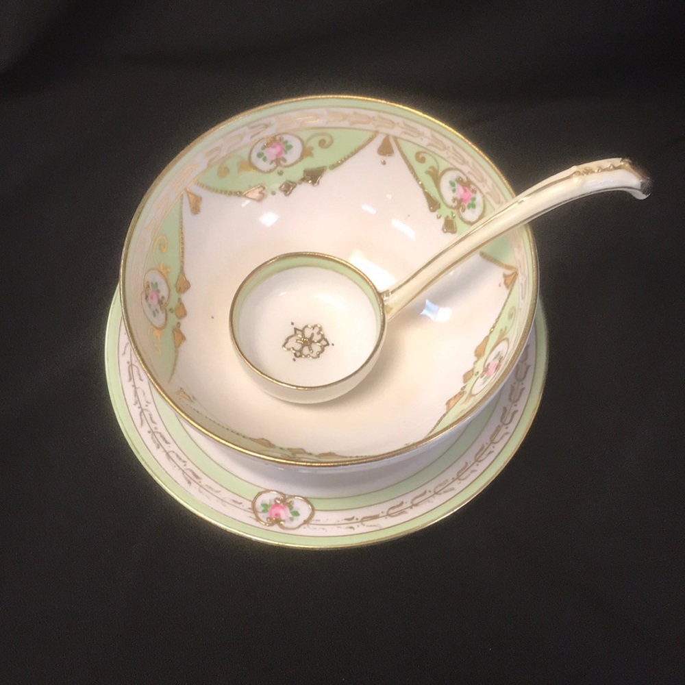Antique Nippon Mayonnaise/Whipped Cream Bowl & Under Plate w/ Ladle C.‎ 1912